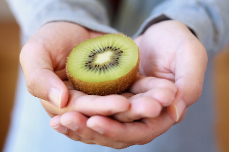 holding fresh kiwi fruit in handsの写真素材