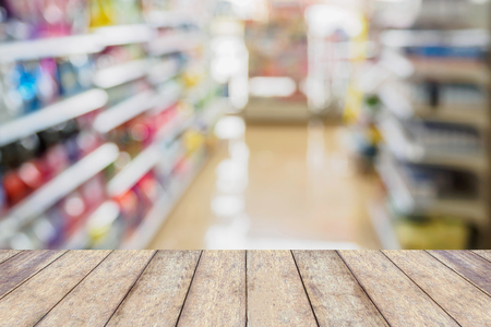 supermarket with wood table for backgroundの写真素材