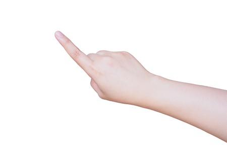 female hand touching or pointing to something isolated on white background with clipping pathの写真素材
