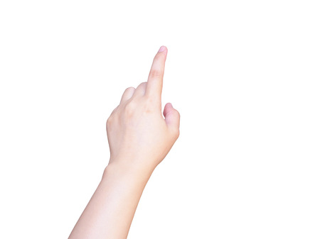 female hand touching or pointing to something isolated on white background with clipping pathの写真素材