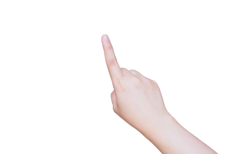 female hand touching or pointing to something isolated on white background with clipping pathの写真素材