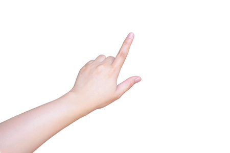 female hand touching or pointing to something isolated on white background with clipping pathの写真素材