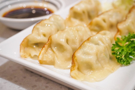 Gyoza dumplings with vegetables, japanese foodの写真素材