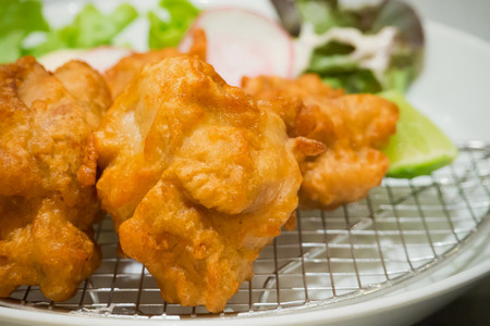 fried chicken Japanese style serve with vegatables and lemon on white plateの写真素材