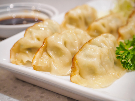 Gyoza dumplings with vegetables, japanese foodの写真素材