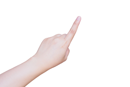 female hand touching or pointing to something isolated on white background with clipping pathの写真素材
