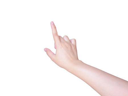 female hand touching or pointing to something isolated on white background with clipping pathの写真素材