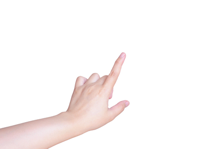 female hand touching or pointing to something isolated on white background with clipping pathの写真素材