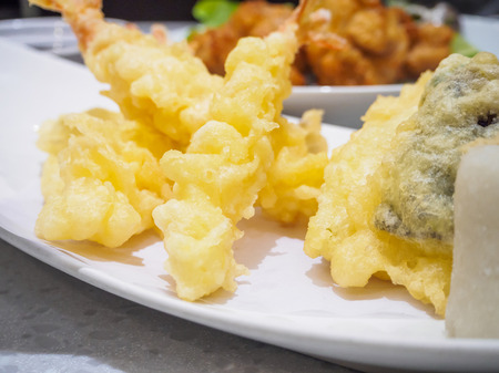 Delicious shrimp tempura on white plate, Japanese Cuisineの写真素材