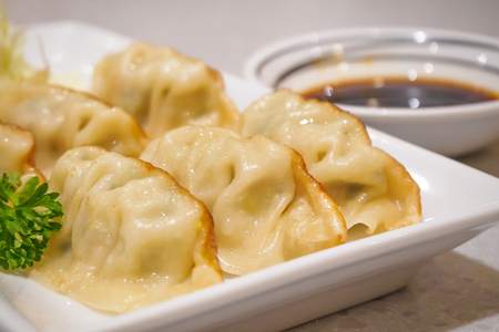 Gyoza dumplings with vegetables, japanese foodの写真素材
