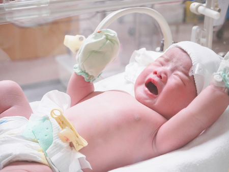 new born baby infant sleep in the incubator at hospitalの写真素材