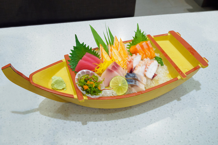 japanese sashimi set on boat plateの写真素材