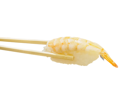 Prawn sushi with chopstick isolated on white backgroundの写真素材