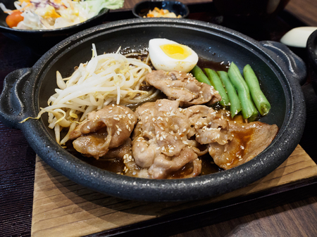 pork teppanyaki with egg and vegetables in hot plate Japanese Cookingの写真素材