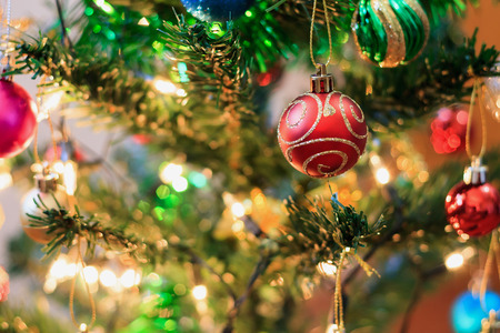 Christmas tree decorations on the branches backgroundの写真素材