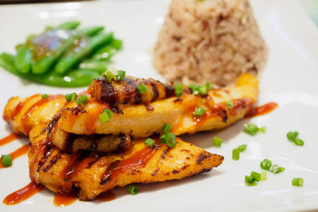 Grilled chicken steak with spicy sauce and riceの写真素材