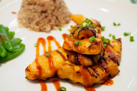 Grilled chicken steak with spicy sauce and riceの写真素材