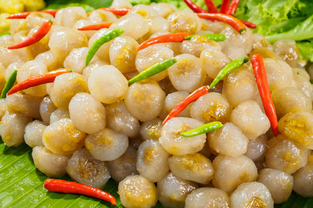 Tapioca dumpling sago balls pork or Saku Sai Moo on banana leafの写真素材