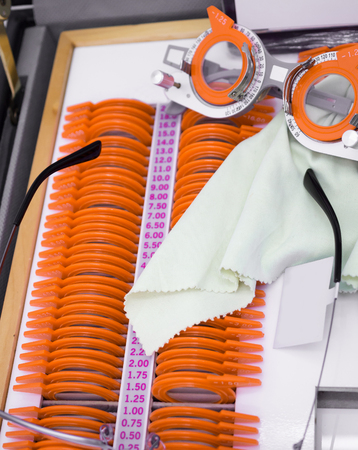 set of trial lenses for phoropter for eye examinationの写真素材