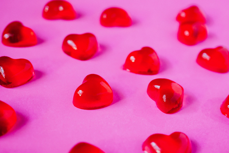 Valentines day background with heart shape candy on pink backgroundの写真素材