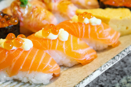 salmon sashimi sushi roll set on plate Japanese foodの写真素材