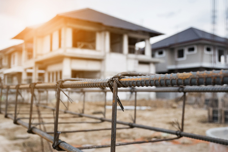 New House building construction site with rebar steel to reinforced concreteの写真素材
