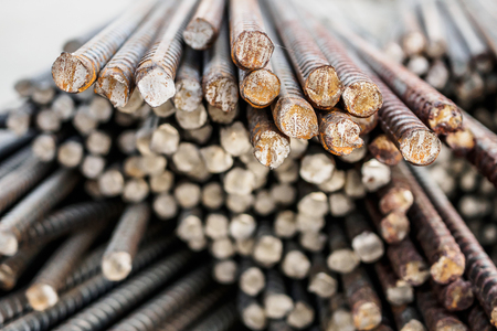 Deformed steel bars for reinforce concrete, metal texture close upの写真素材