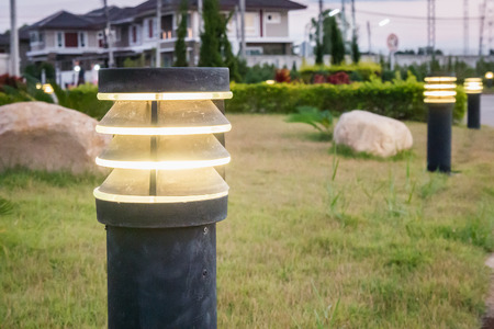 Row of Solar system Garden light in the parkの写真素材
