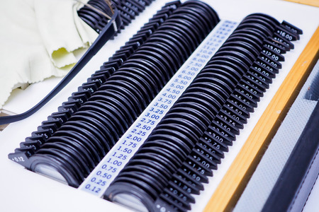 set of trial lenses for phoropter for eye examinationの写真素材
