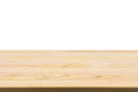 Wood table top isolated on white backgroundの写真素材