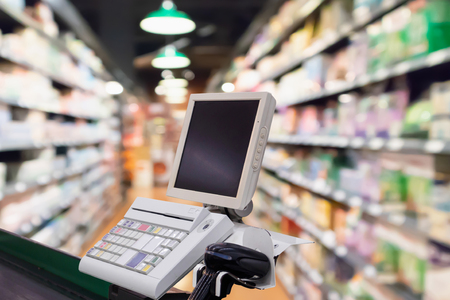supermarket or grocery store checkout payment terminal の写真素材