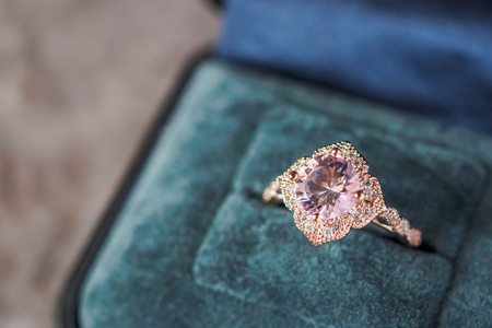 luxury vintage pink diamond ring in jewelry gift boxの写真素材