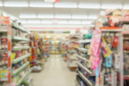 convenience store shelves interior blur for backgroundの写真素材