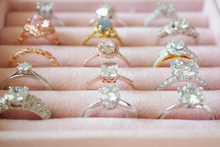 Gold jewelry diamond rings in boxの写真素材