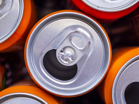 Empty aluminium drink cans recycling background concept, top view closeupの写真素材