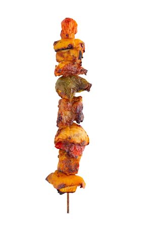 Grilled pork skewer and vegetables barbecue isolated on white backgroundの写真素材