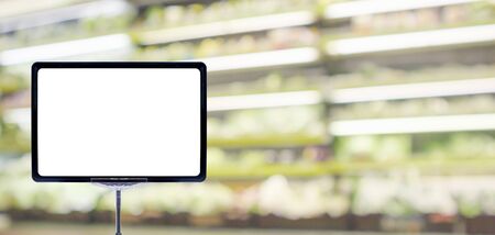 Mock up blank price board poster sign display with supermarket aisle abstract background