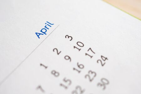 April calendar page with months and dates business planning appointment meeting conceptの写真素材