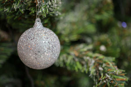 Decorated Christmas ball on fir tree New Year holidays backgroundの写真素材