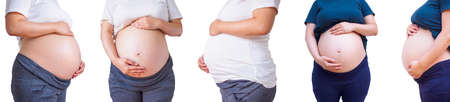 set of pregnant woman touching belly isolated on white backgroundの写真素材