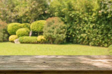 Empty wood table top with abstract blur park garden backgroundの写真素材