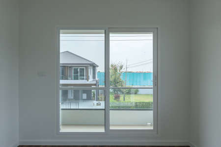 Glass window frame house interior on white wall