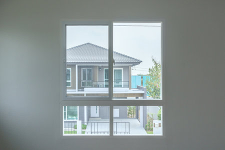Glass window frame house interior on white wallの写真素材