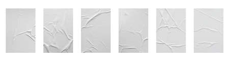 white crumpled and creased glued paper poster set isolated on white background