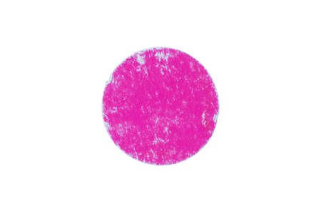 Old pink round adhesive paper sticker label isolated on white backgroundの写真素材