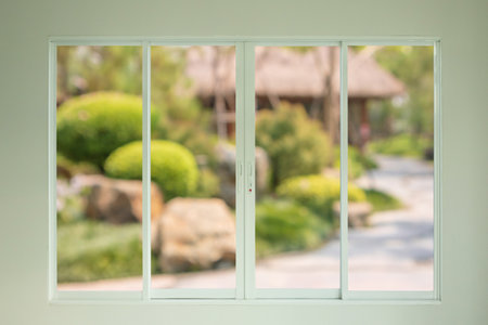 garden view outside through the windowの写真素材