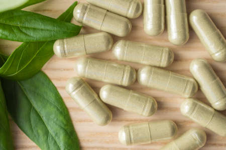 Herbal medicine capsules with Andrographis paniculata leaf on wood tableの写真素材