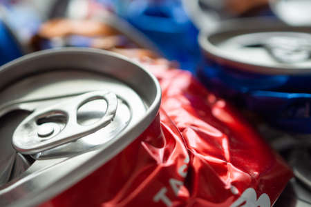recycle aluminum metal crushed can waste backgroundの写真素材