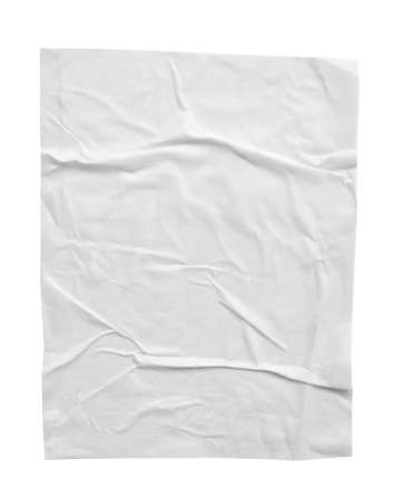 Blank white crumpled and creased paper poster texture isolated on white backgroundの写真素材