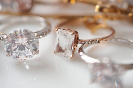 Beautiful diamond rings jewelry on white backgroundの写真素材